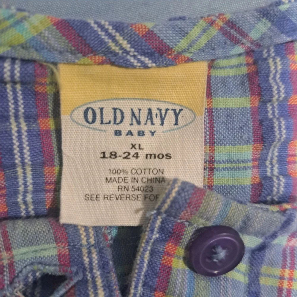 Vintage Old Navy Baby Plaid Seersucker Romper Blue Green 18-24 Months XL‎